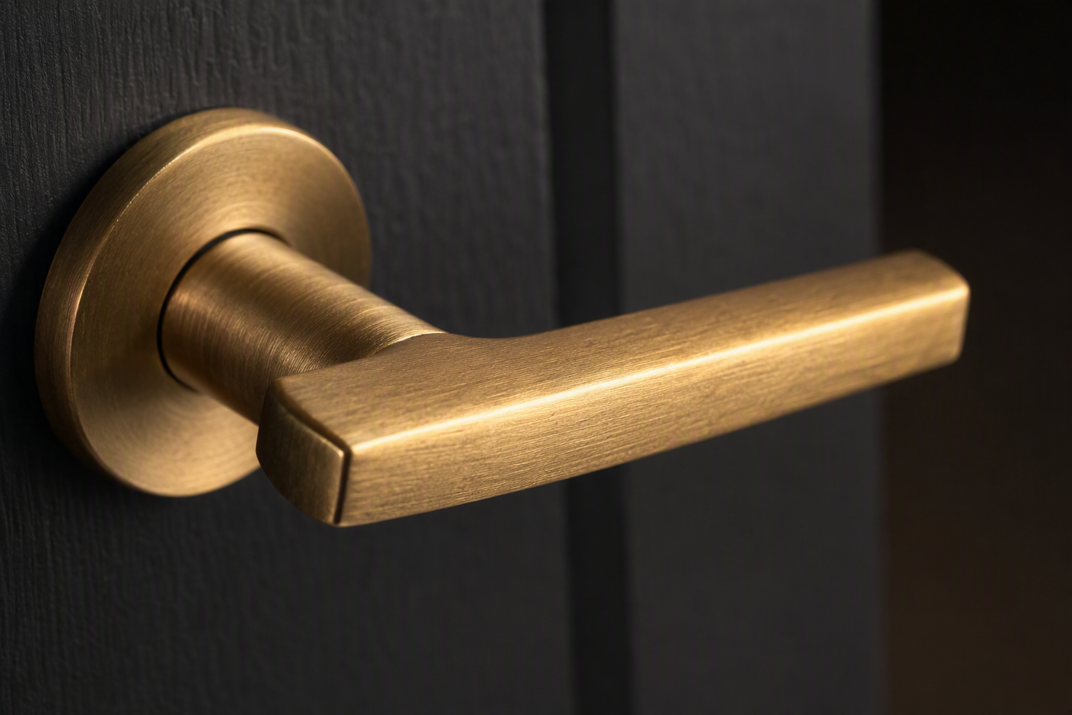 Macro detail of a brushed brass door lever mounted on a charcoal painted timber door