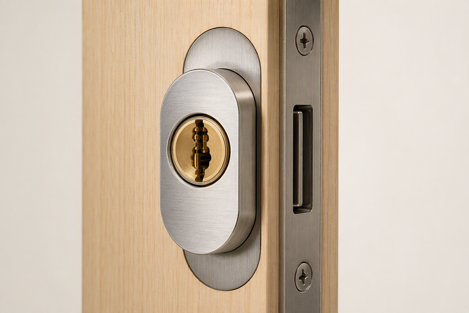 Close-up of a stainless steel euro-profile lock cylinder and brass keyway in a mortice lock case