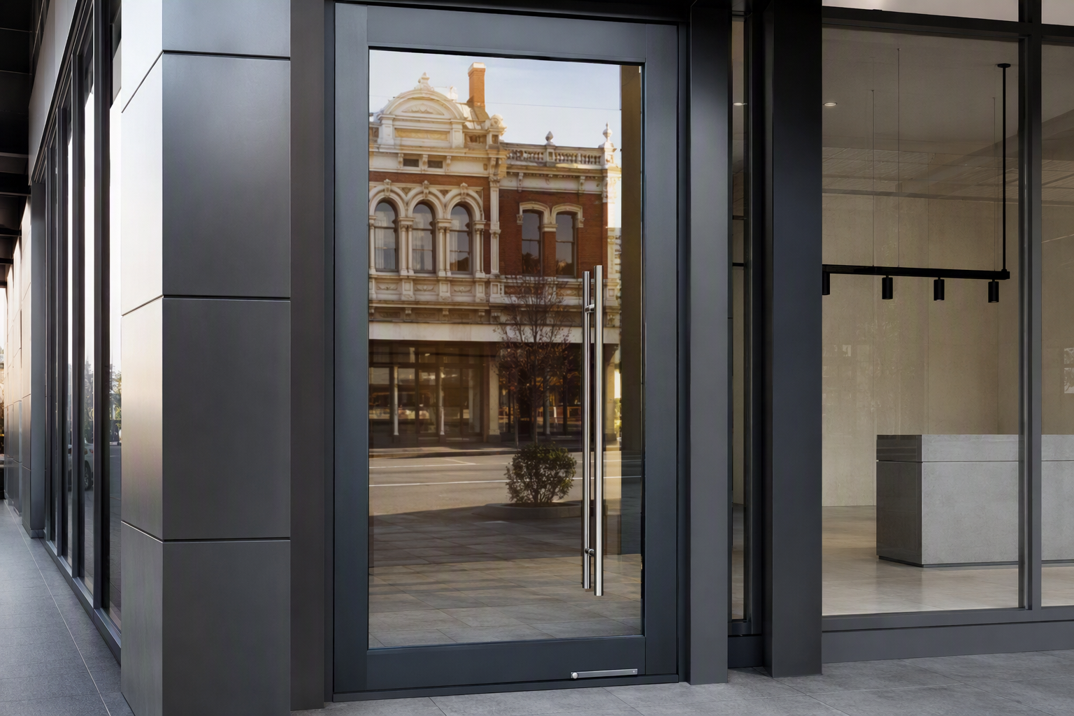 Frameless glass commercial shopfront door with a long vertical stainless steel pull handle