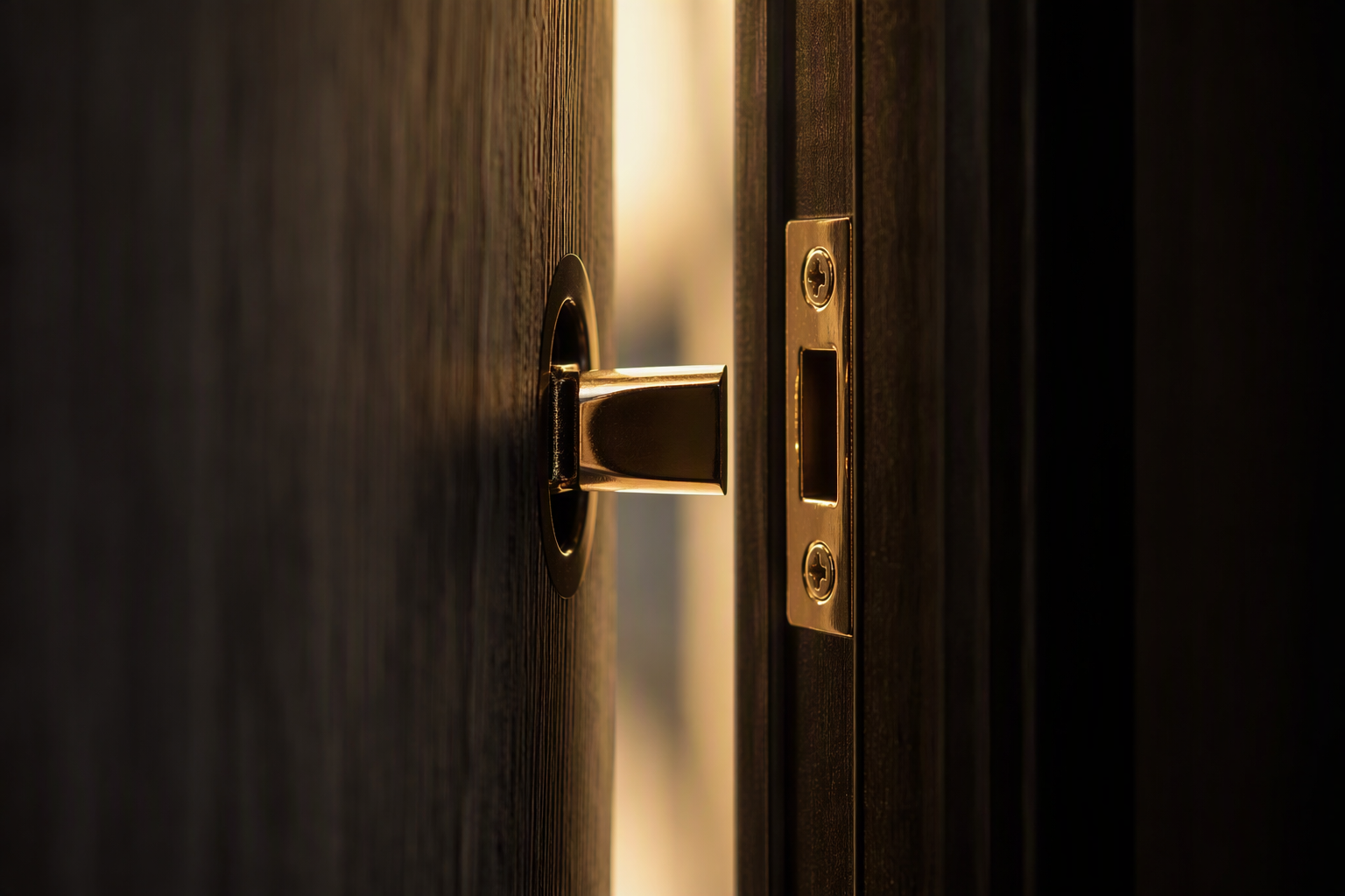 Door edge open a few centimetres showing the brass latch bolt, strike plate and layered frame rebate