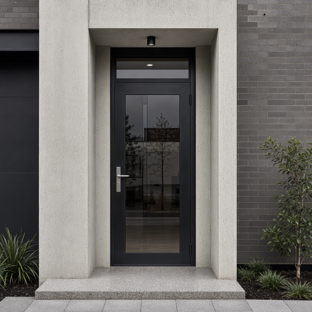 Contemporary Melbourne building entrance with a dark steel-framed glass door set into a pale concrete facade
