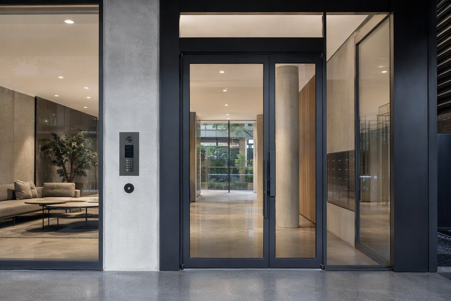 Modern apartment building entrance door with an intercom panel and access reader