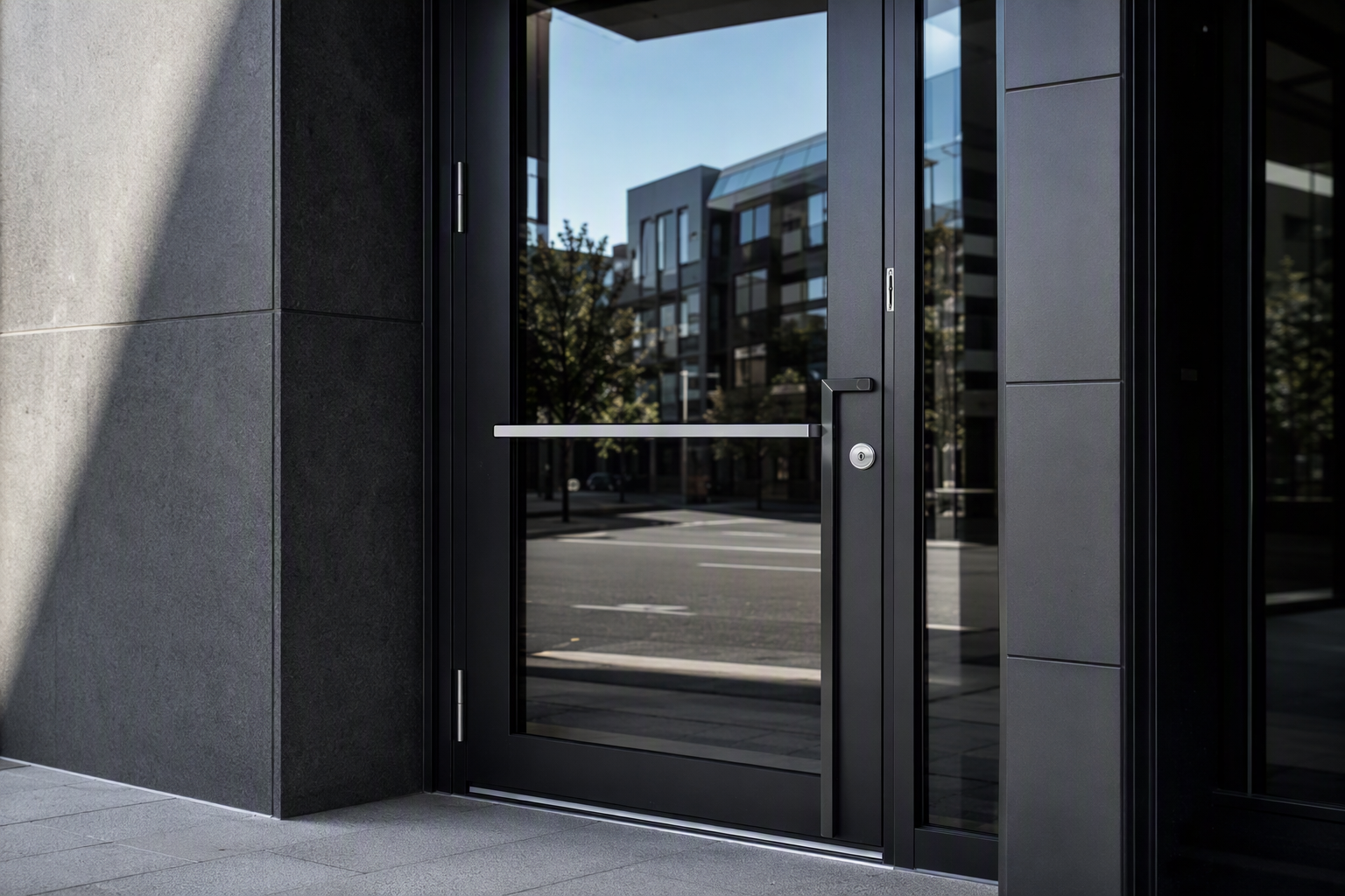 Commercial shopfront door with dark powder-coated frame reflecting the street