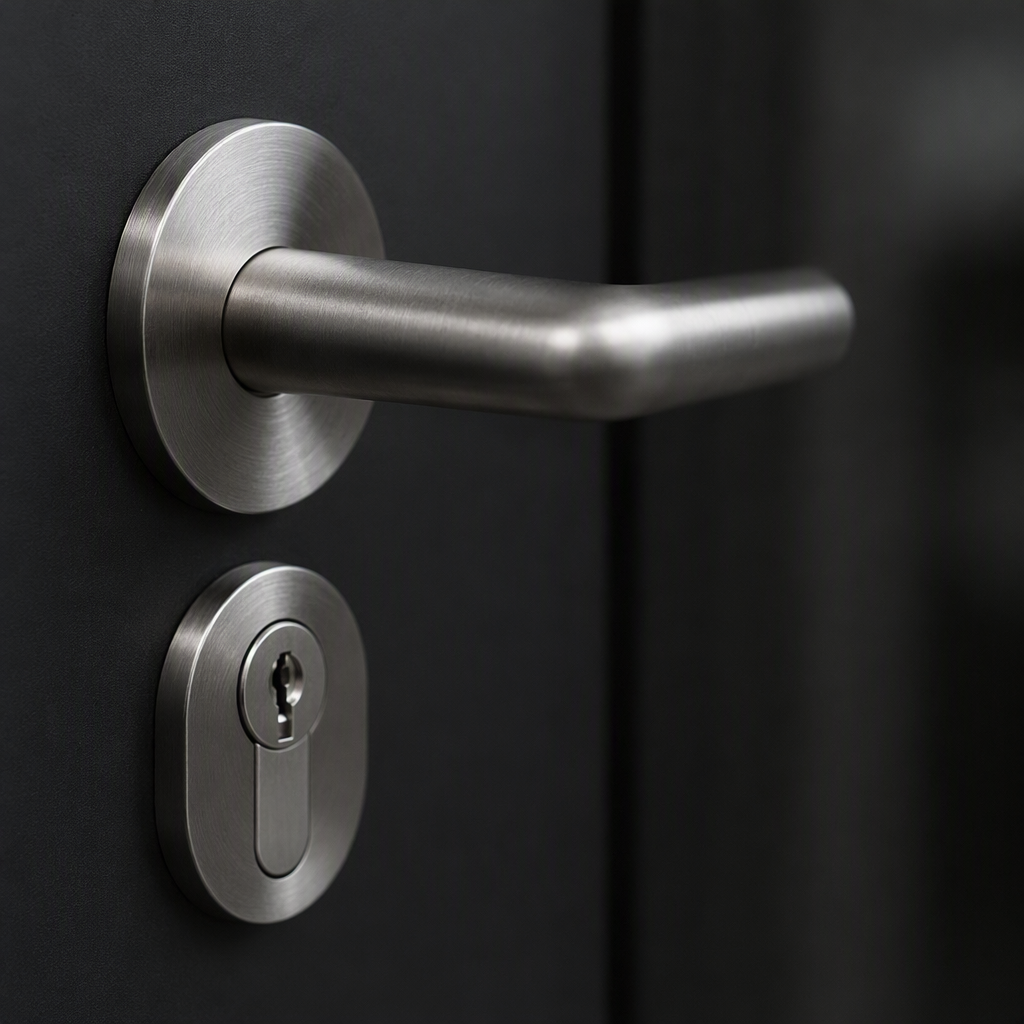 Detail of a brushed stainless steel door lever handle and euro cylinder lock