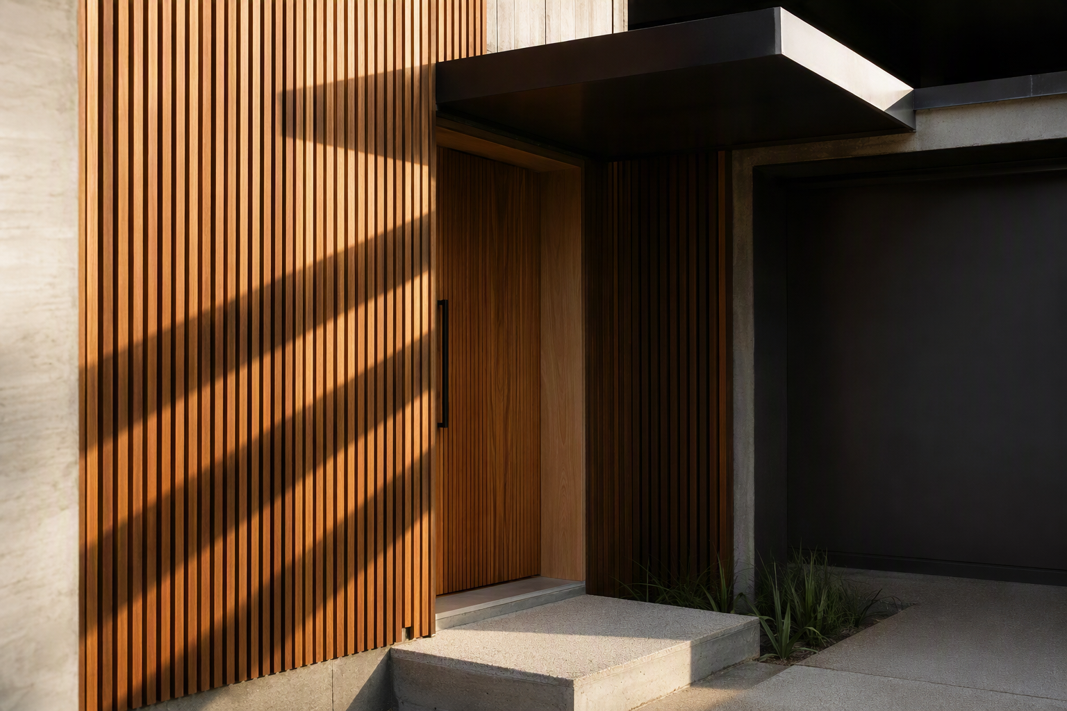 Contemporary townhouse recessed entry with timber battens and steel canopy