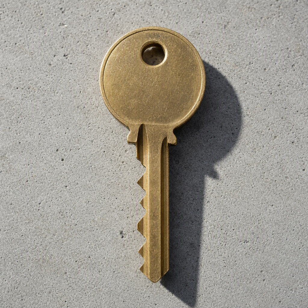 Macro photograph of a cut brass key resting on a light concrete surface