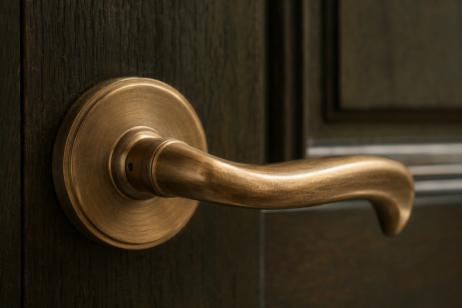 Close detail of a brass door handle and lock escutcheon