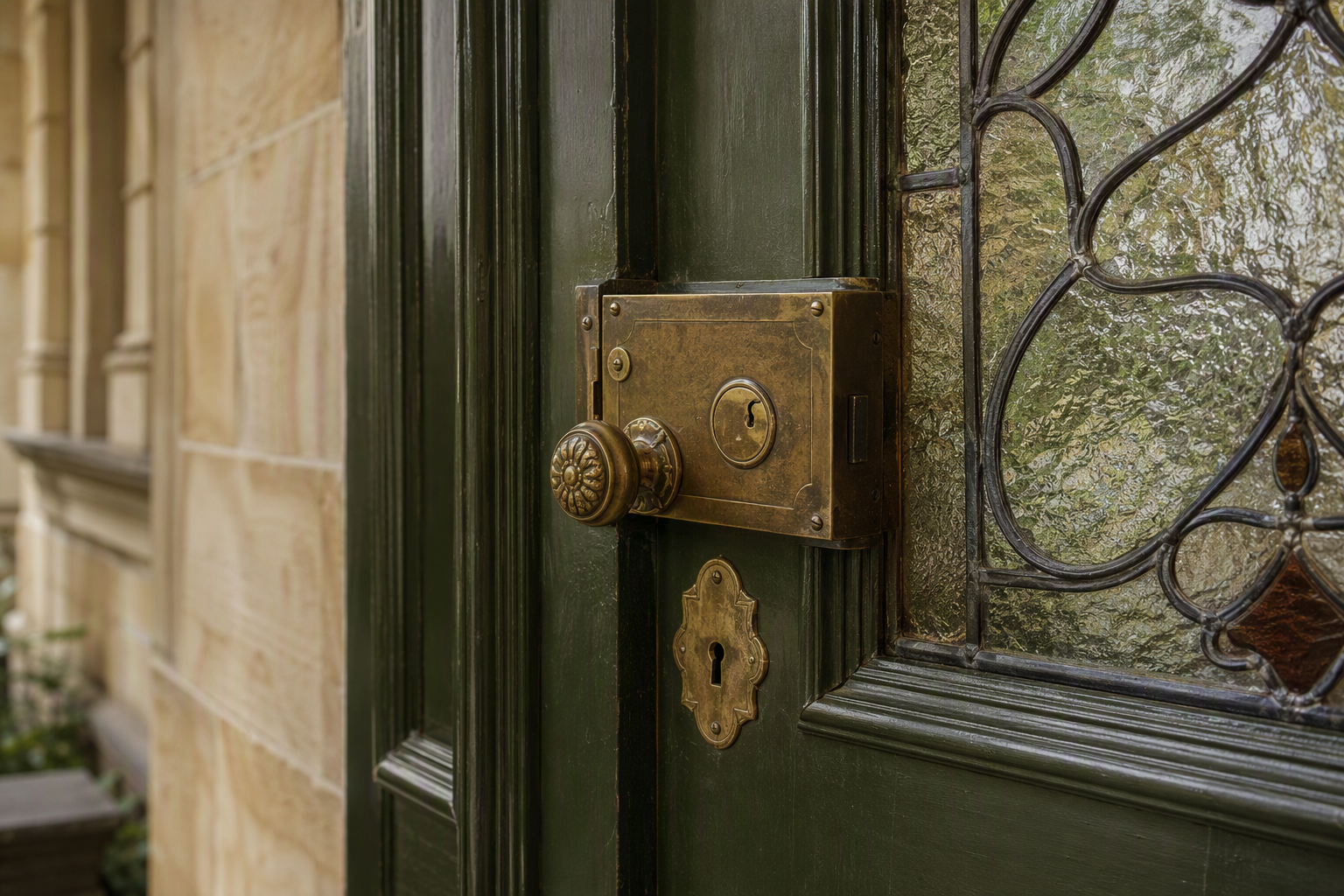 Heritage timber front door fitted with traditional brass hardware