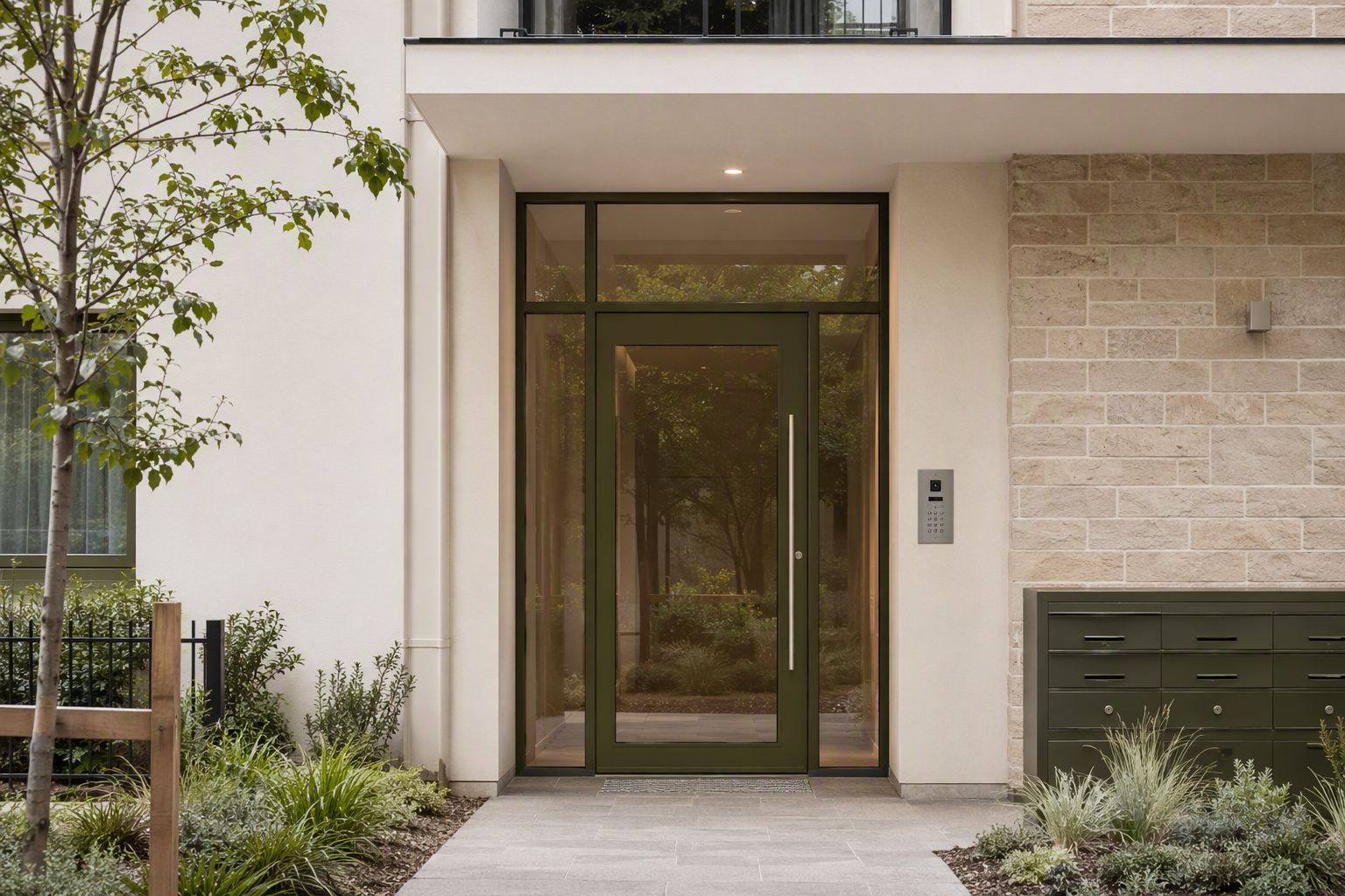 Apartment building entrance lobby with a narrow-stile entry door