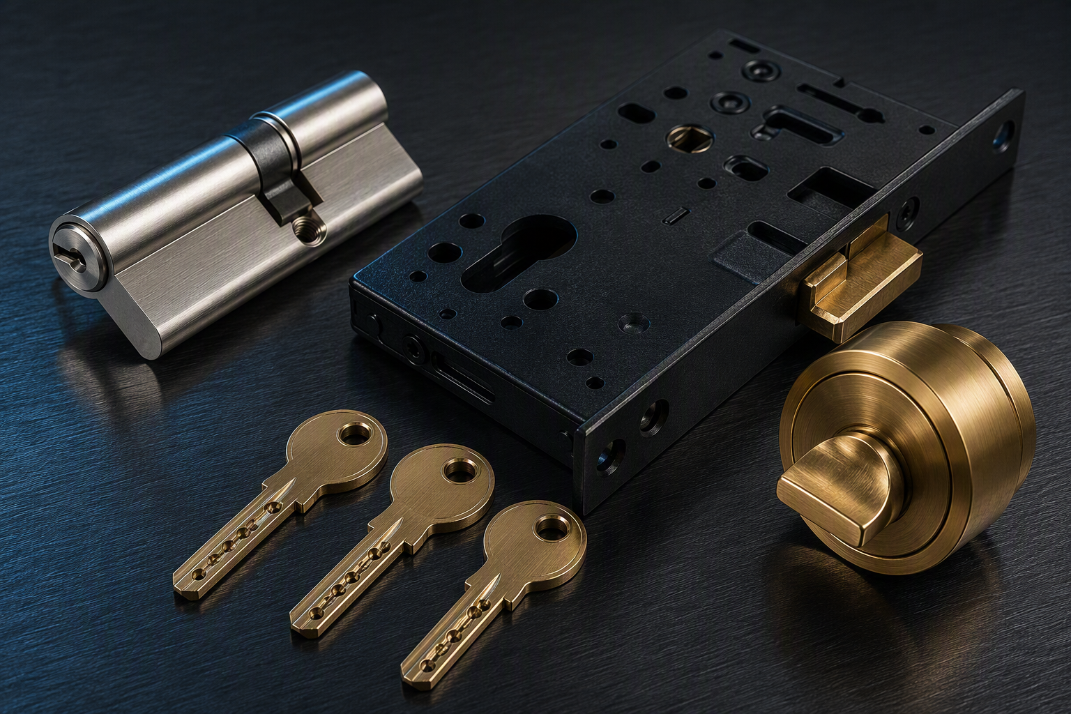 Modern deadbolt, mortice lock and cut brass keys on a dark brushed steel surface