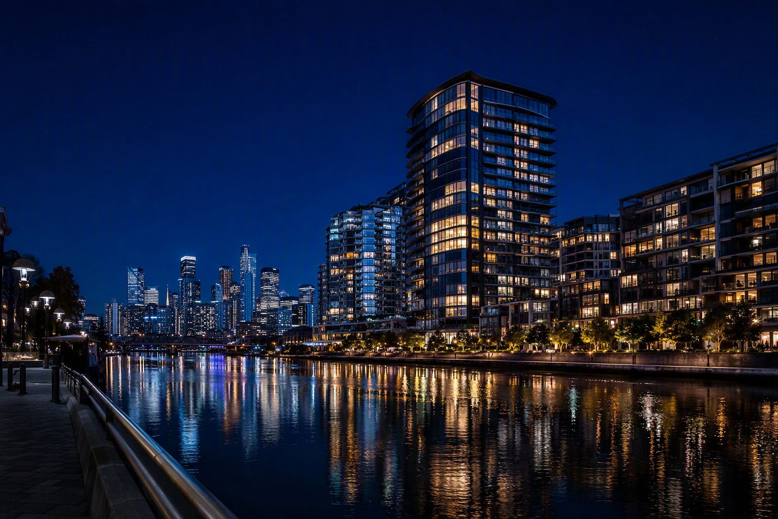 Southbank apartment towers beside the Yarra River at blue hour