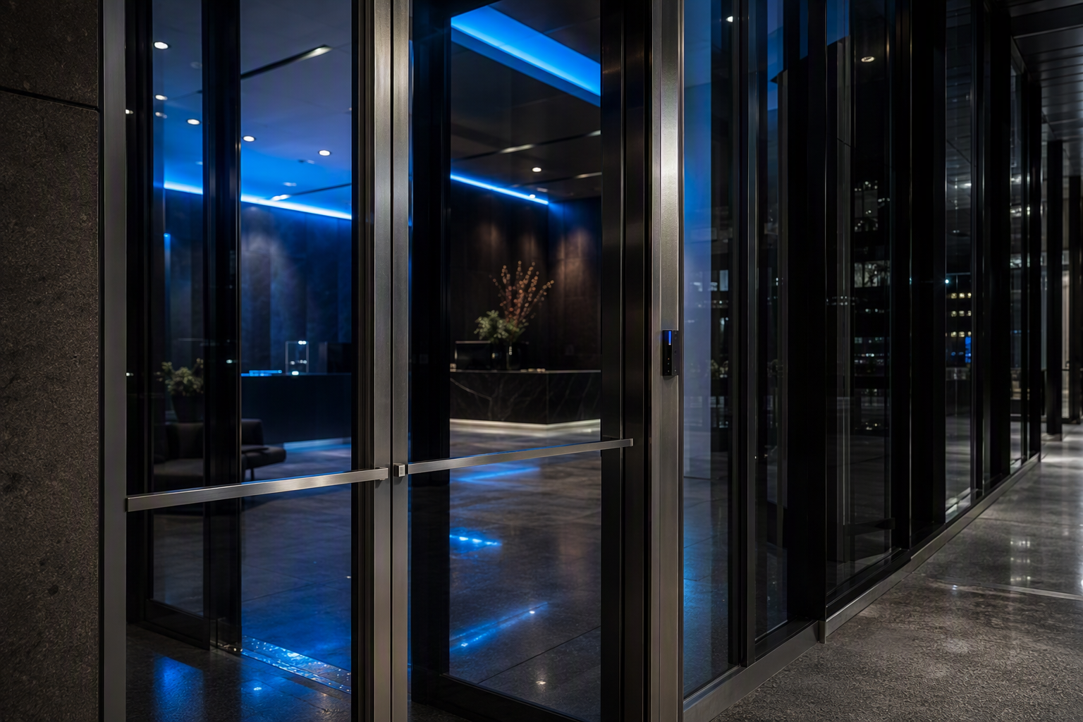 Commercial entrance with stainless steel door hardware in Melbourne at night