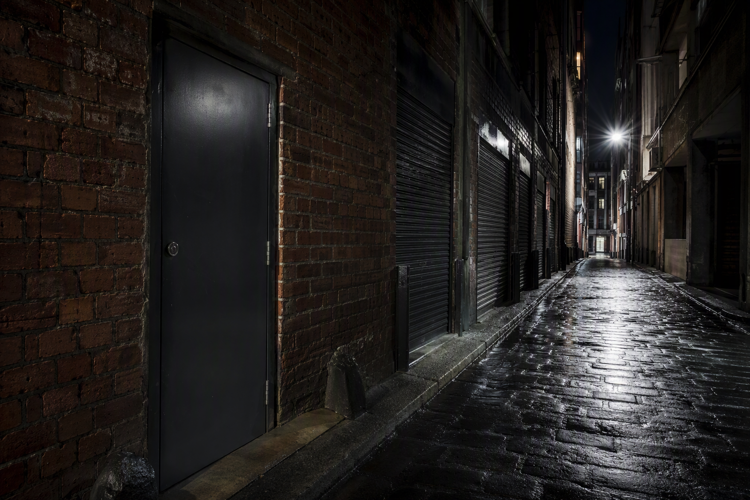 Melbourne CBD laneway at night with a plain security door and wet bluestone paving