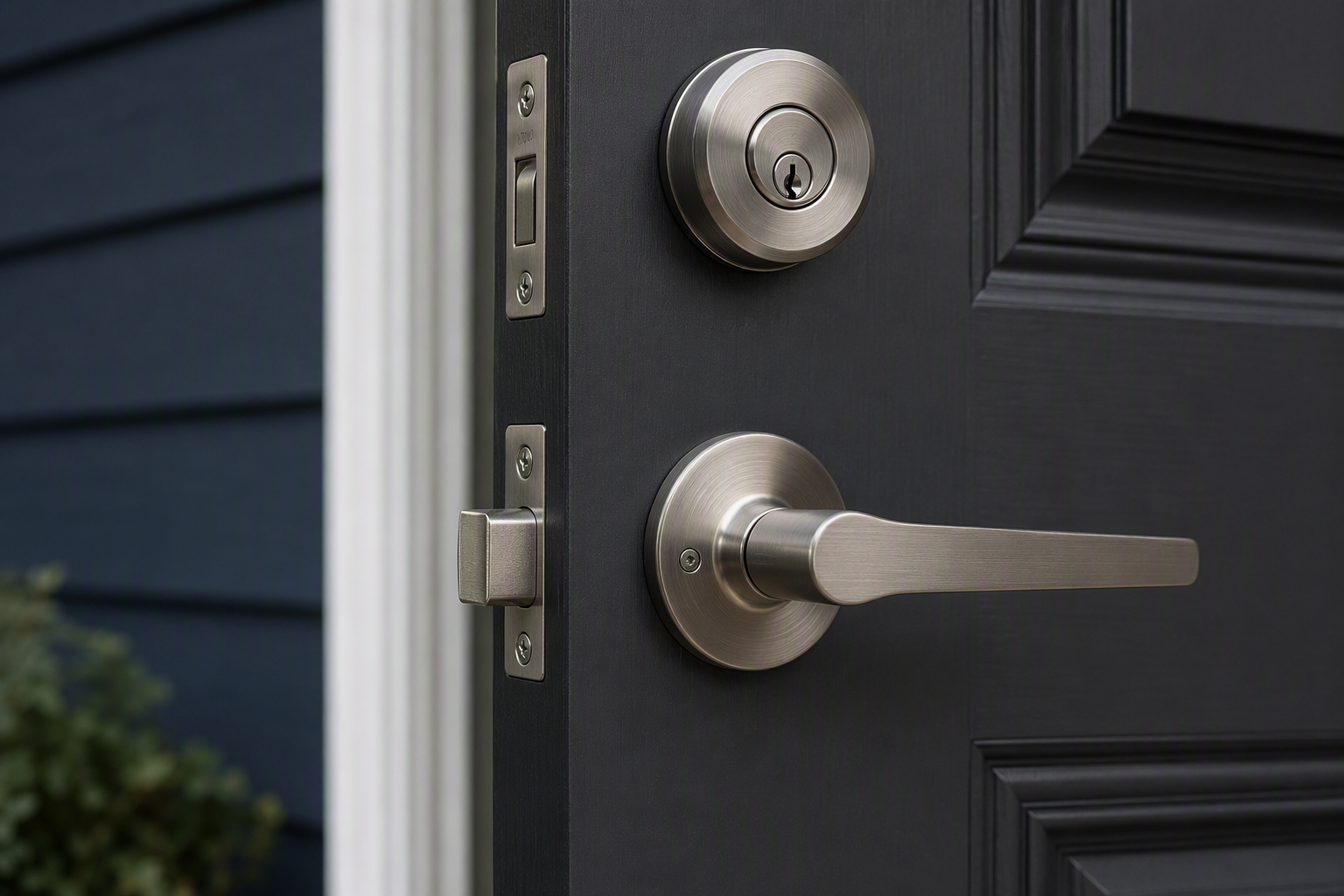 Brushed nickel lever handle and deadbolt on a charcoal residential front door