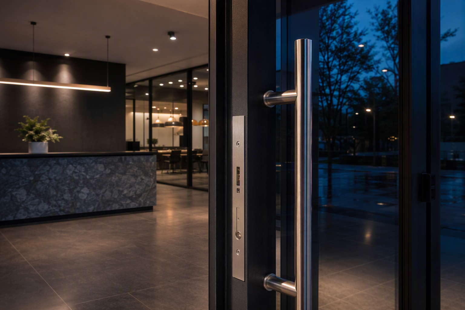 Aluminium framed commercial shopfront door with a mortice lock and stainless pull handle