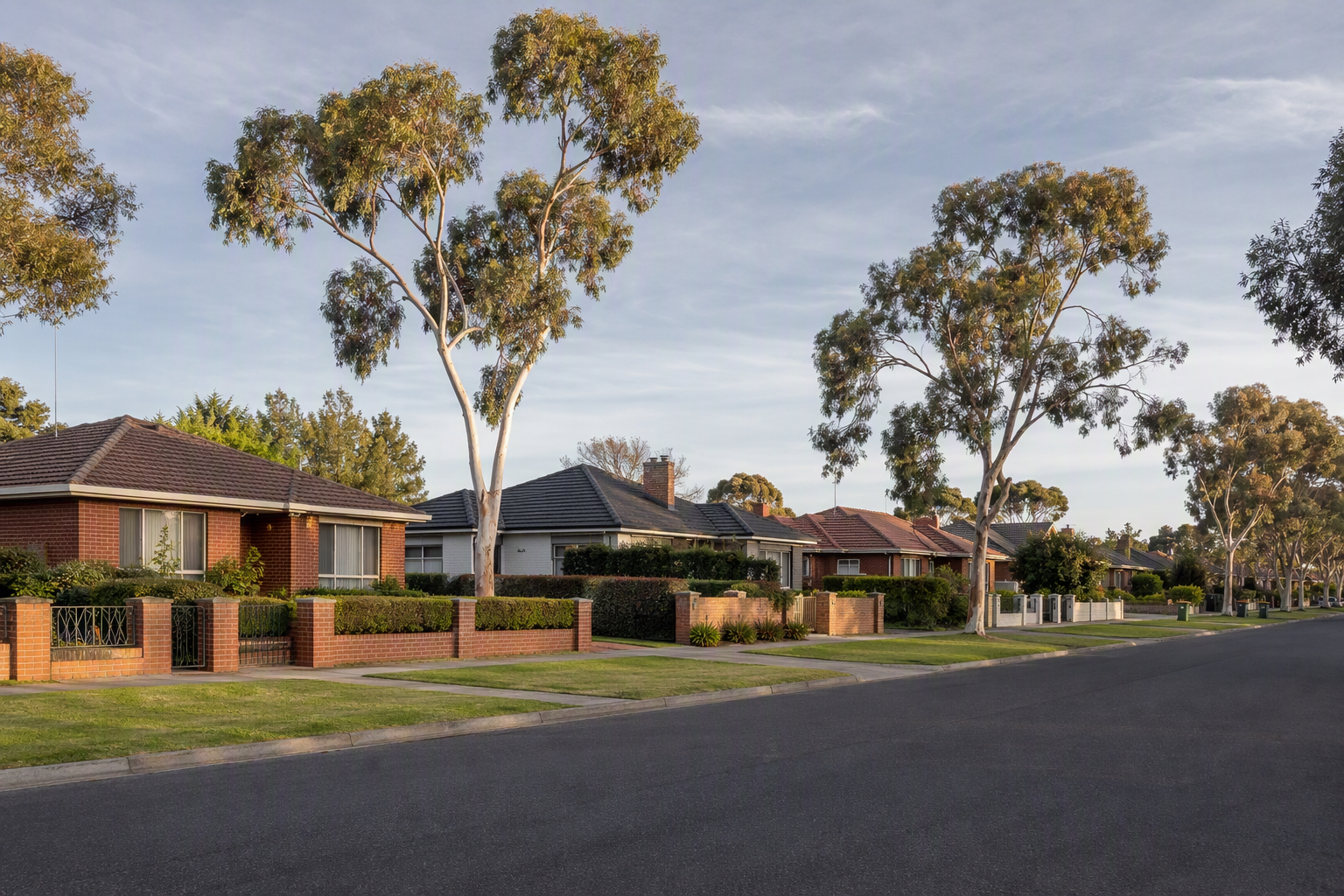 Quiet residential street with single storey homes in the western suburbs of Melbourne