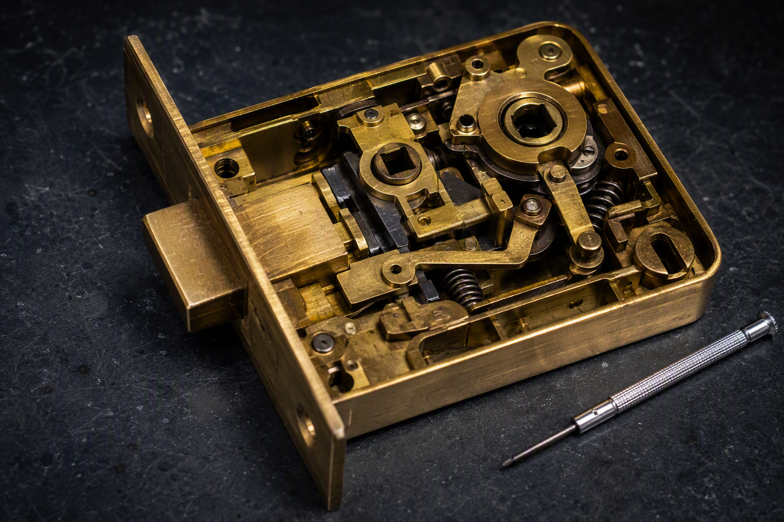 Brass mortice lock body opened on a workbench, internal levers and springs visible