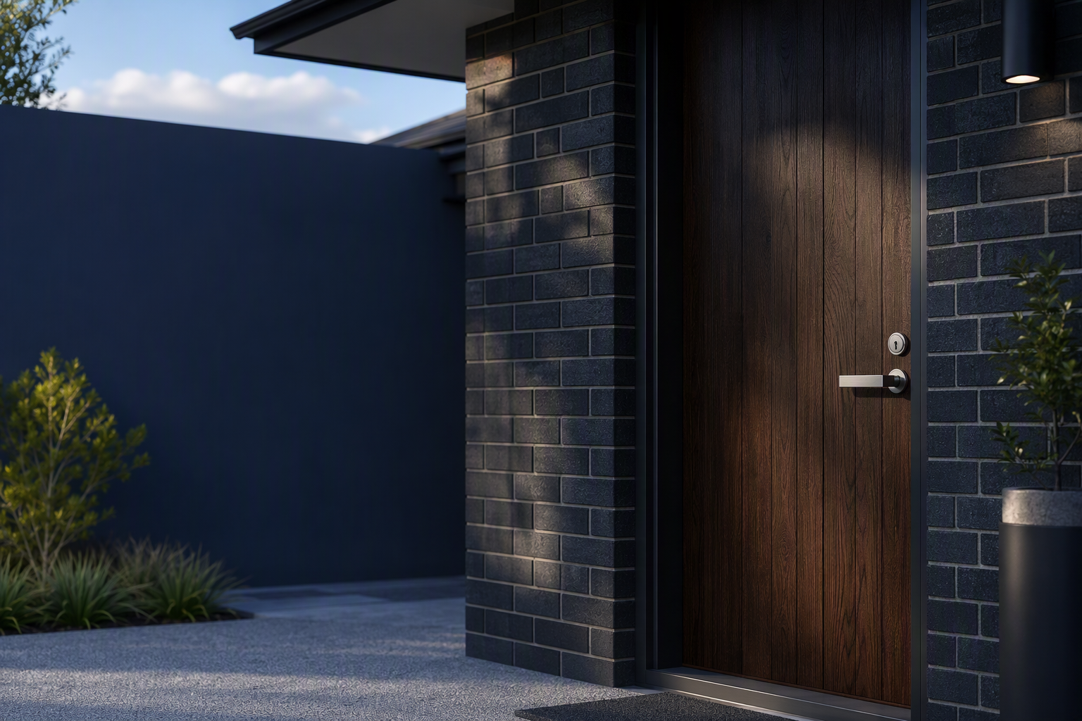 Modern dark timber front entry door with brushed stainless steel lever handle and deadbolt