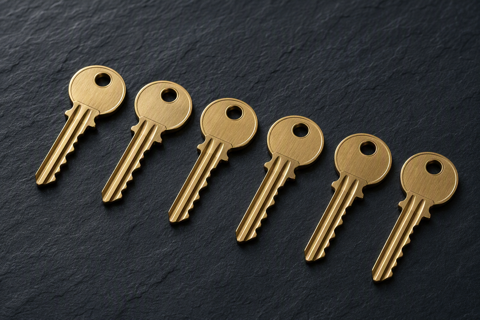 Brass door key blanks arranged in a row on a dark slate workbench surface
