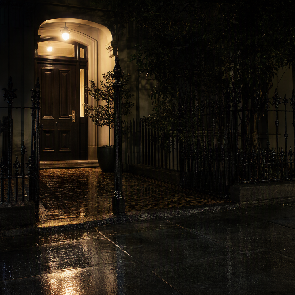 Melbourne residential entrance at night with a warm porch light above a dark heritage timber front door