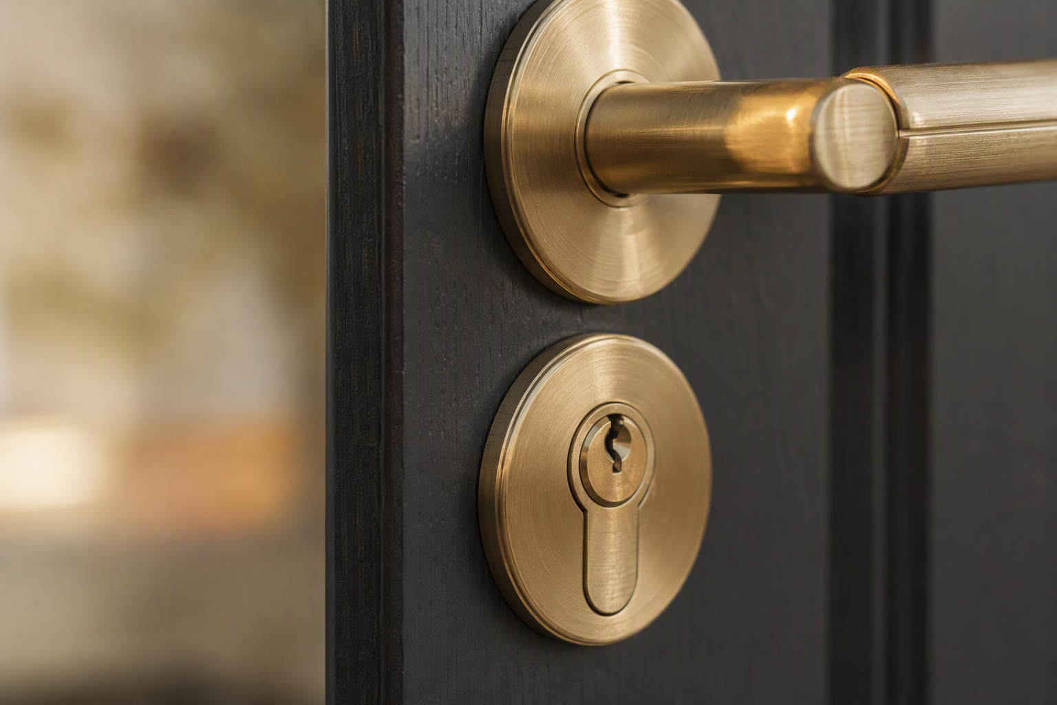 Macro architectural detail of premium brushed brass door hardware and a euro cylinder keyway on a dark timber Melbourne front door
