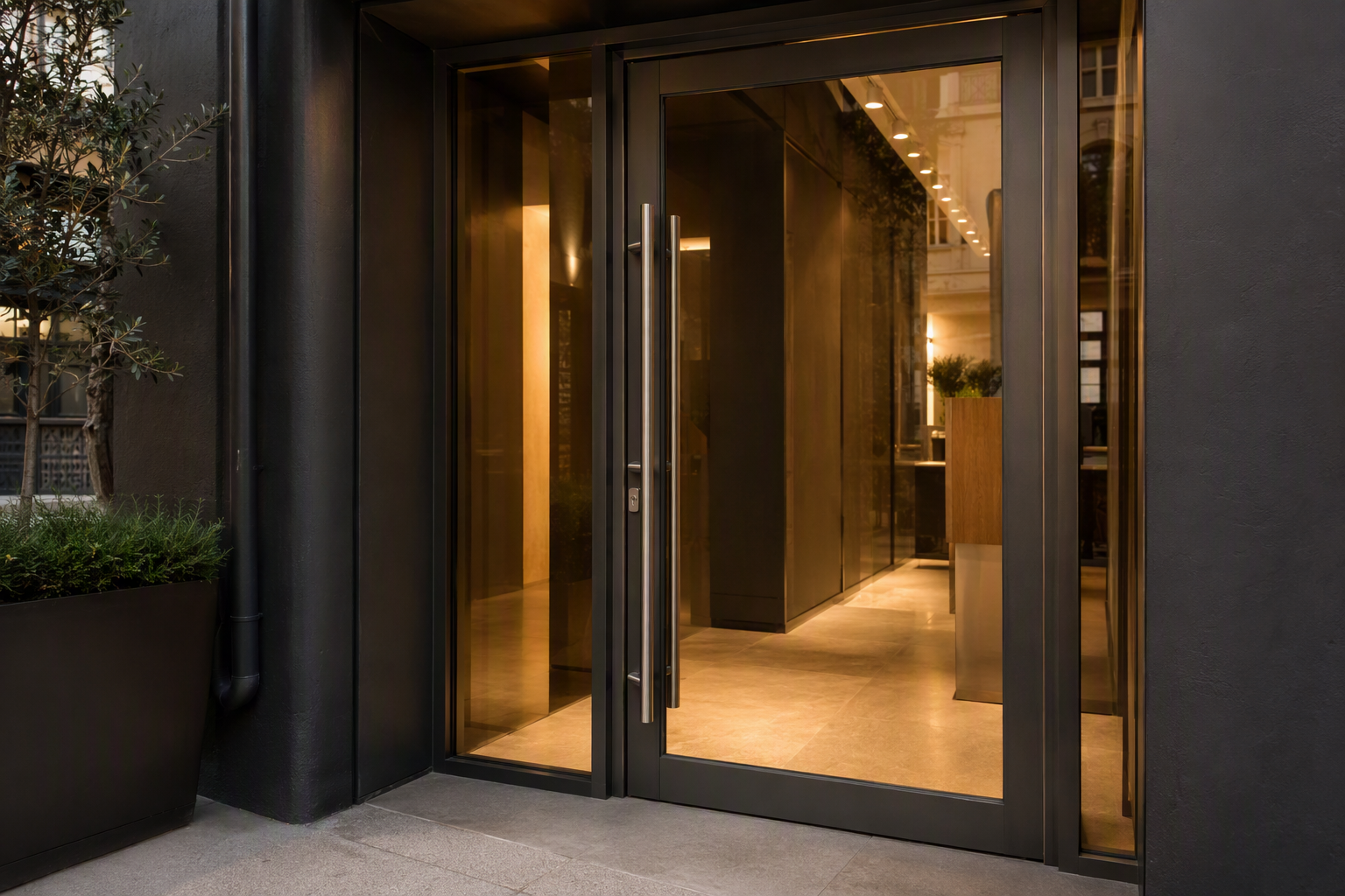 Contemporary Melbourne shopfront entrance with a glass door, brushed stainless steel pull handle and dark aluminium frame