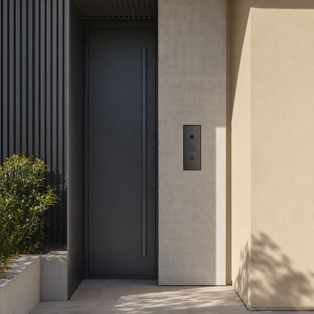 Apartment building common entrance door with dark anodised aluminium framing and an intercom panel