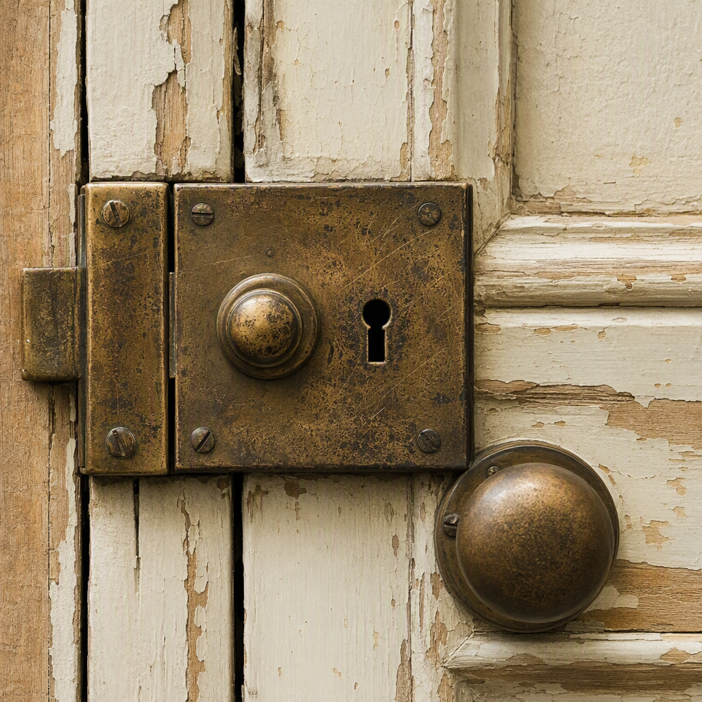 General reference image of worn brass door hardware showing tarnish and surface wear