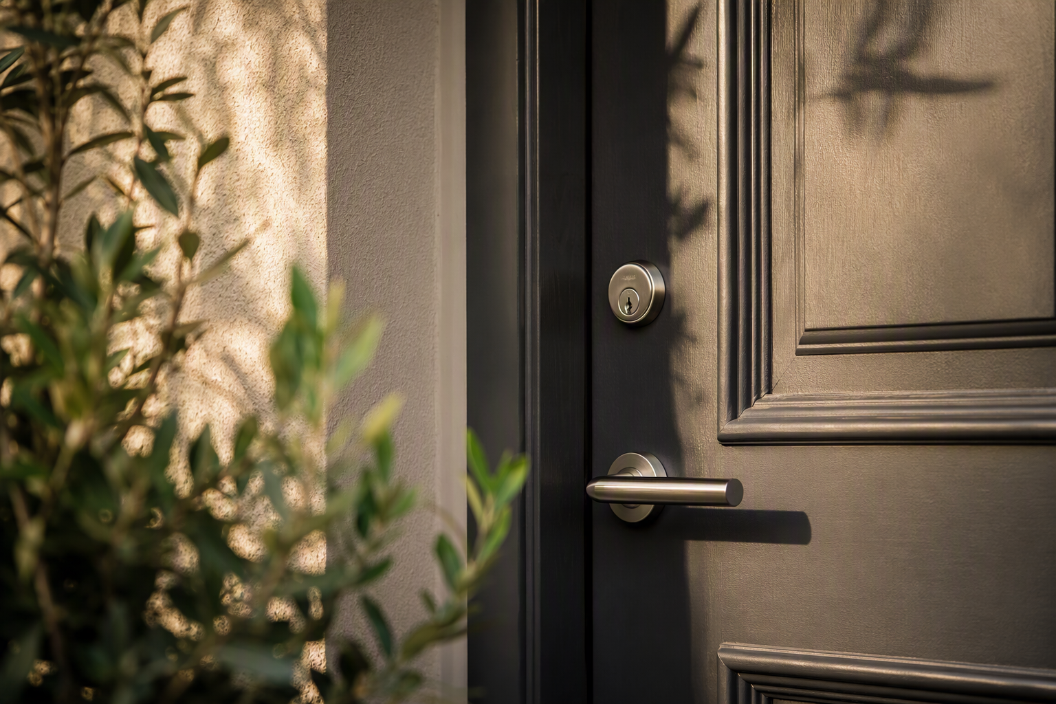 Charcoal timber front door of a Melbourne home fitted with a brushed-nickel lever handle and modern cylinder lock