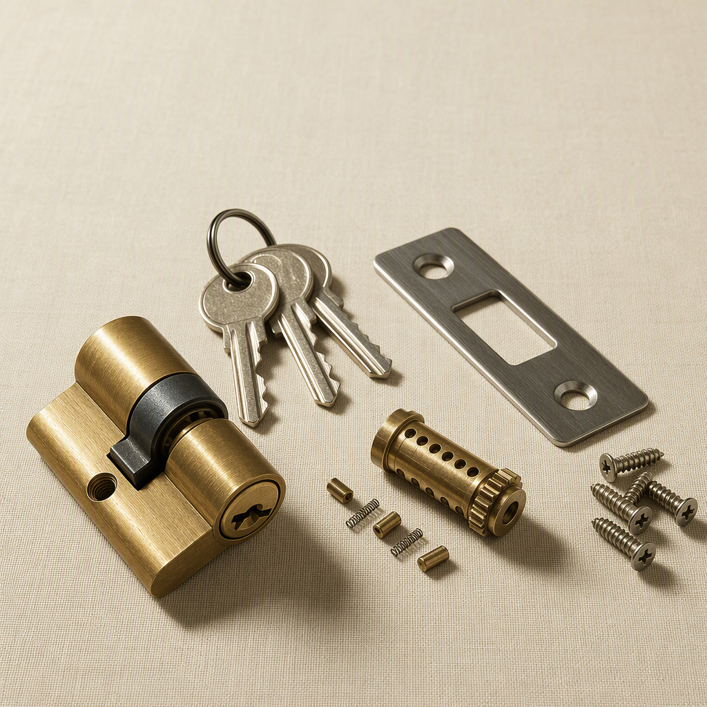 Disassembled brass lock cylinder, cut keys and a stainless strike plate laid out on ivory linen