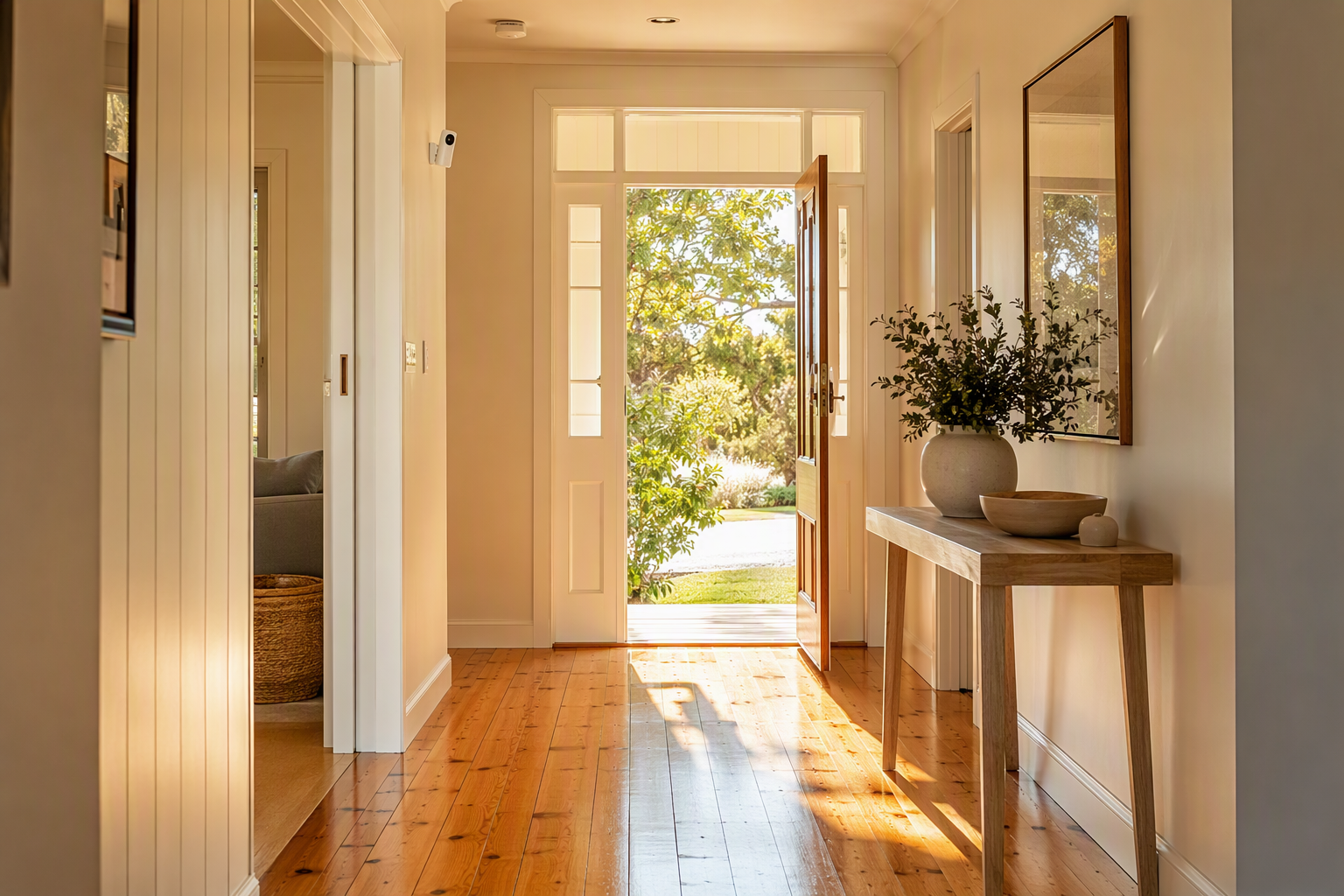 Bright hallway of an Australian family home looking towards the front entry door