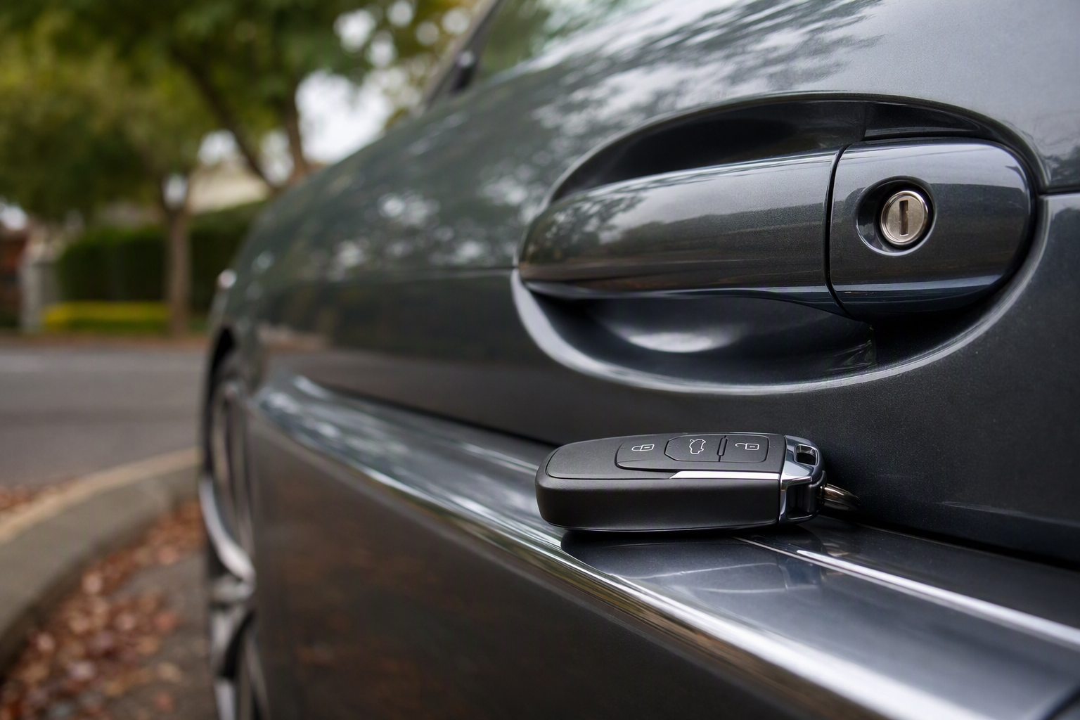 Close view of a car door lock with a transponder key and remote resting on the door sill