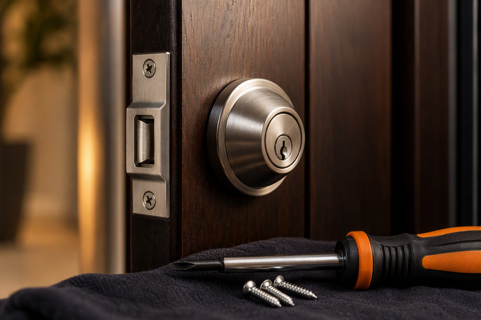 Brushed-steel deadbolt and reinforced strike plate being fitted to a timber door frame
