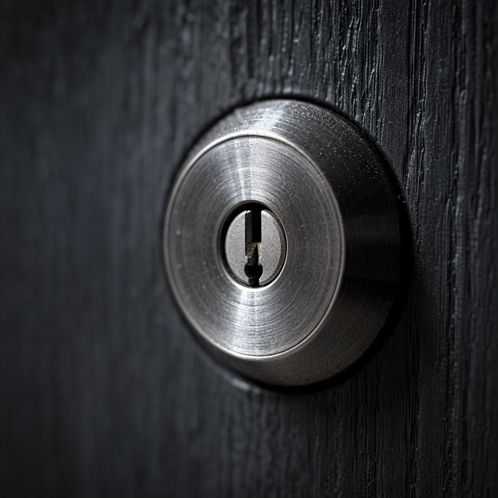 Close-up of a modern brushed-steel deadbolt cylinder fitted to a dark timber entry door