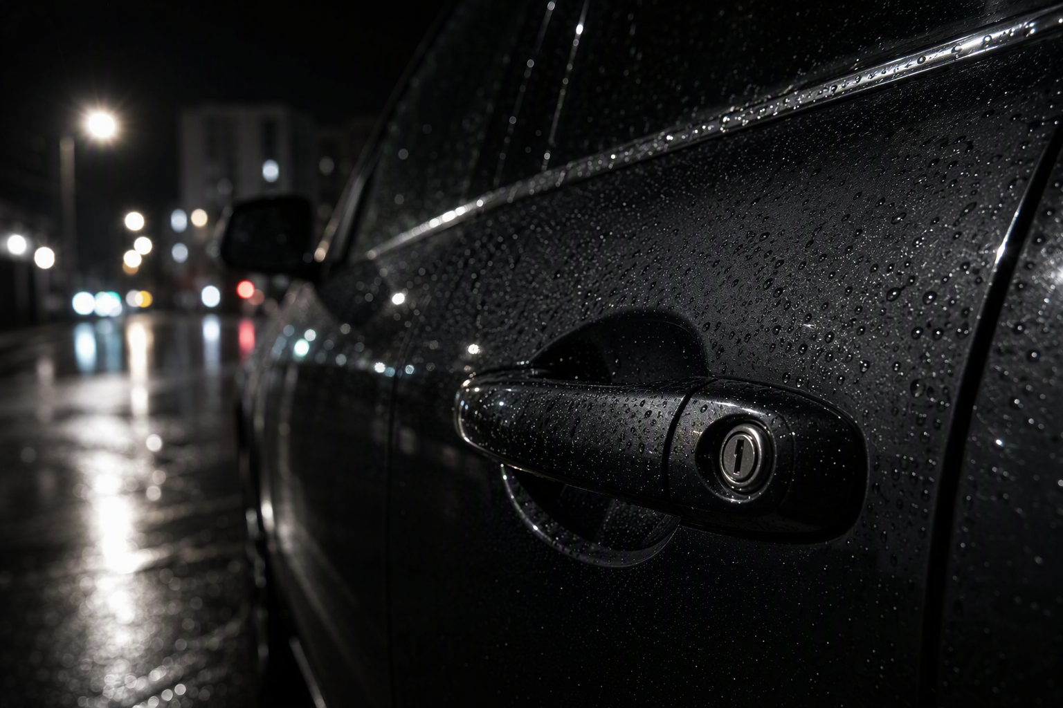 Detail of a car door handle and lock barrel photographed at night on wet asphalt