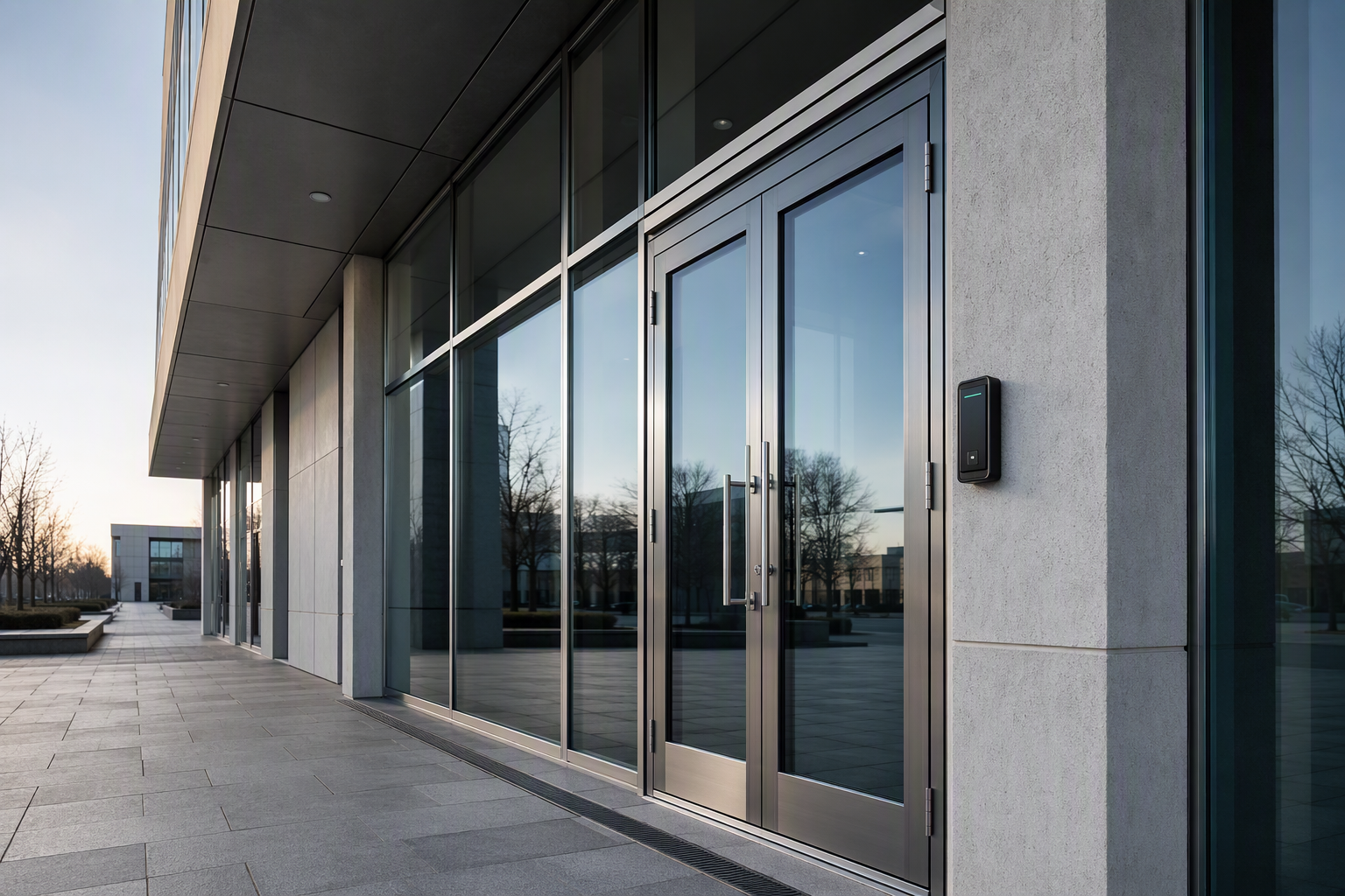 Aluminium-framed commercial glass entrance with an access control reader beside the handle