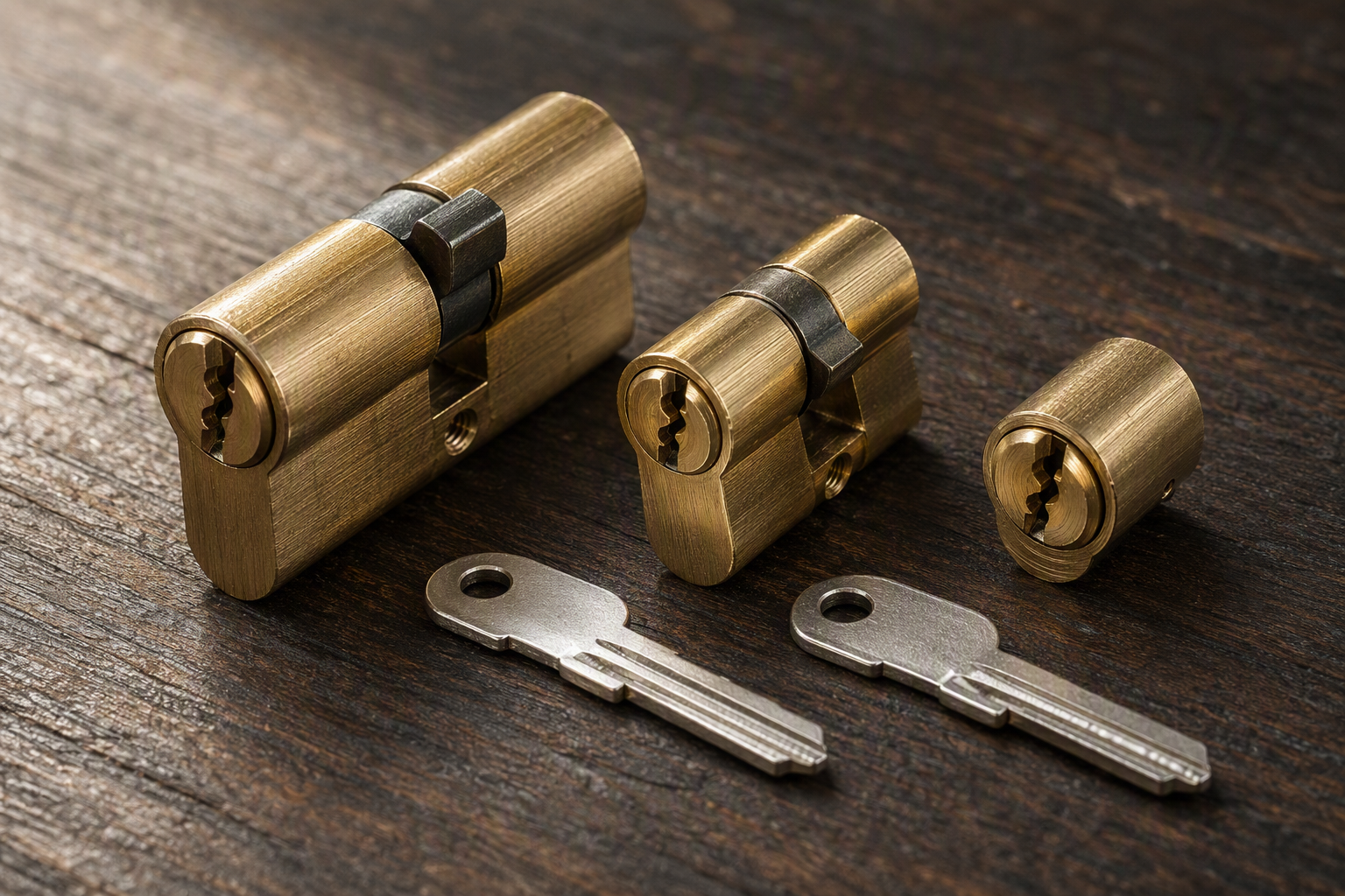 Brass door lock barrels and metal keys resting on a dark grey slate surface in soft light