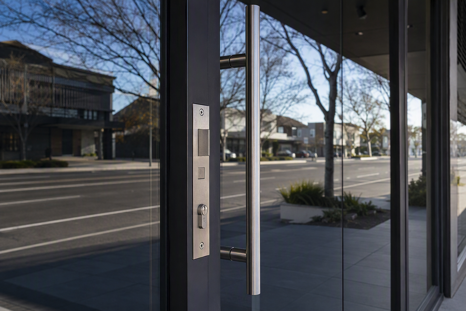Stainless steel commercial mortice lock and pull handle on a suburban shopfront glass door