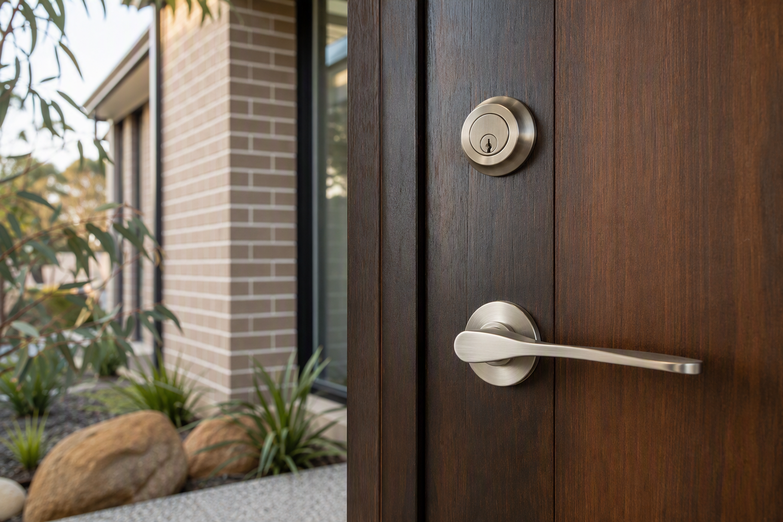 Brushed nickel lever handle and deadbolt on the dark timber front door of a Melbourne brick home