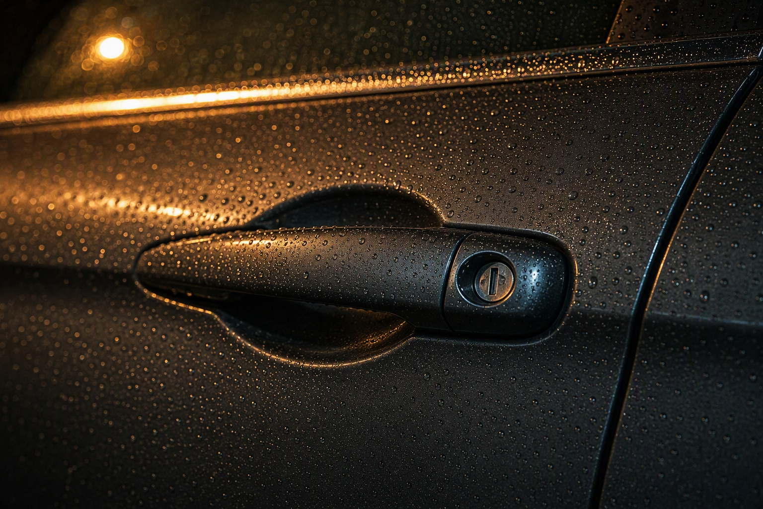 Close view of the door handle and key barrel of a dark grey car at night in the rain