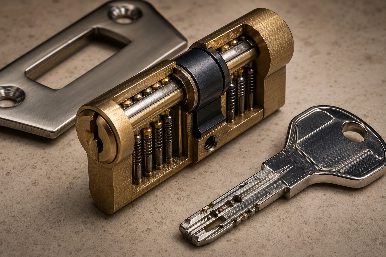 Macro view of a brass euro cylinder cut open beside a restricted key and a steel strike plate