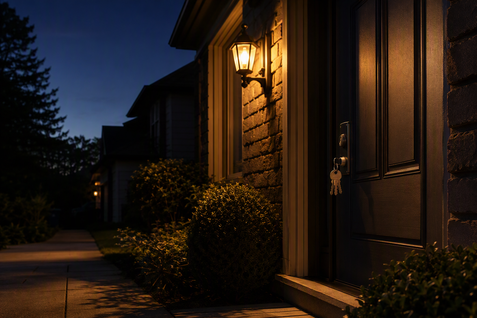 Residential doorway at dusk with the porch light on and keys in a repaired lock