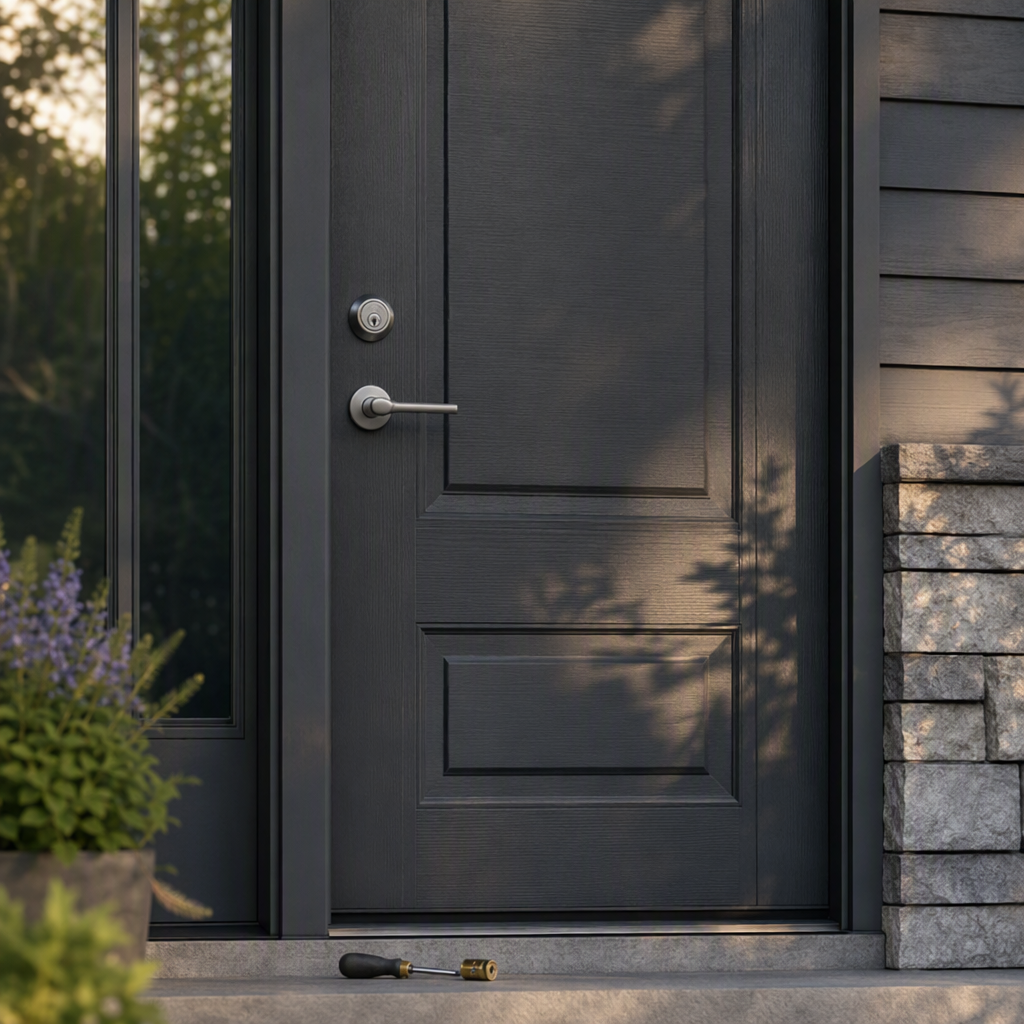 Brushed steel deadbolt and lever handle on a modern front door with locksmith tools on the step