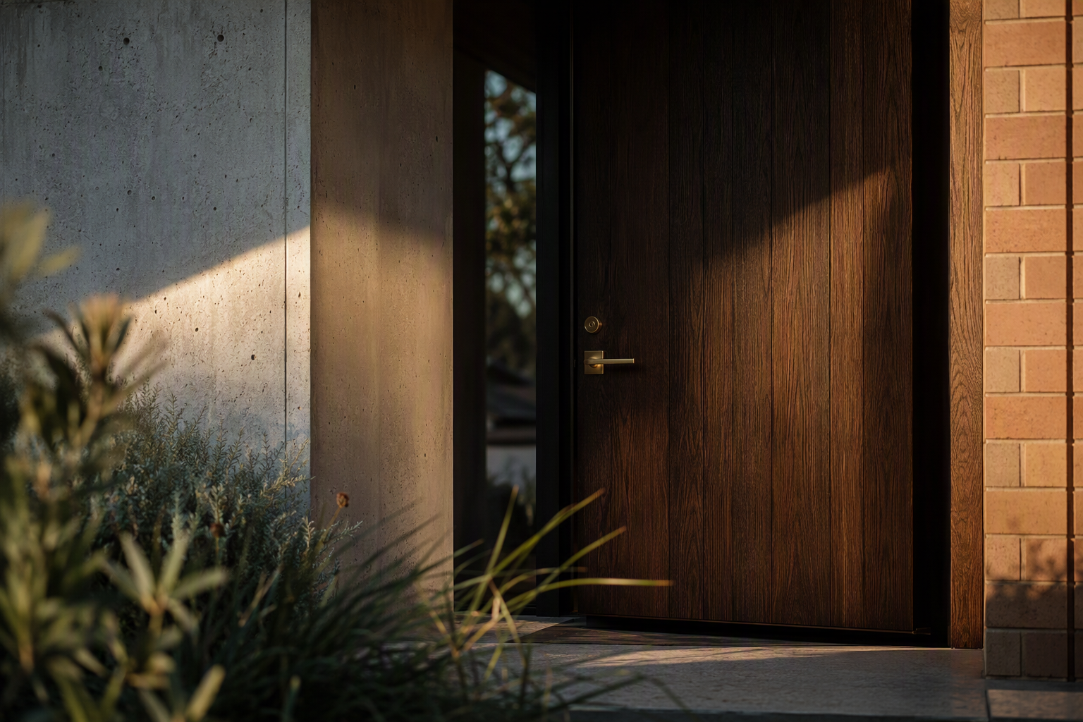 Contemporary Melbourne residential entry with a dark timber front door and brushed brass lever handle in late afternoon light