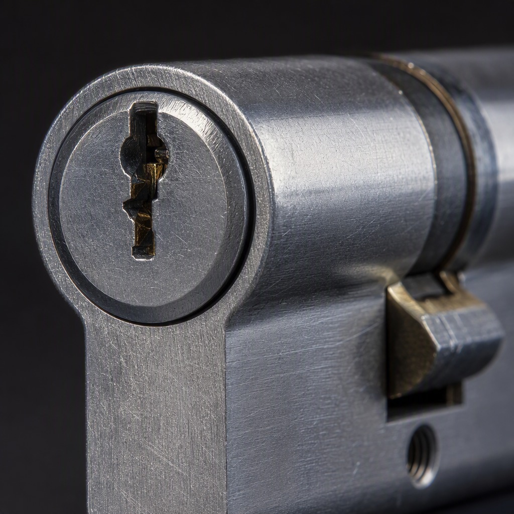 Macro detail of a worn brushed steel cylinder lock and keyway