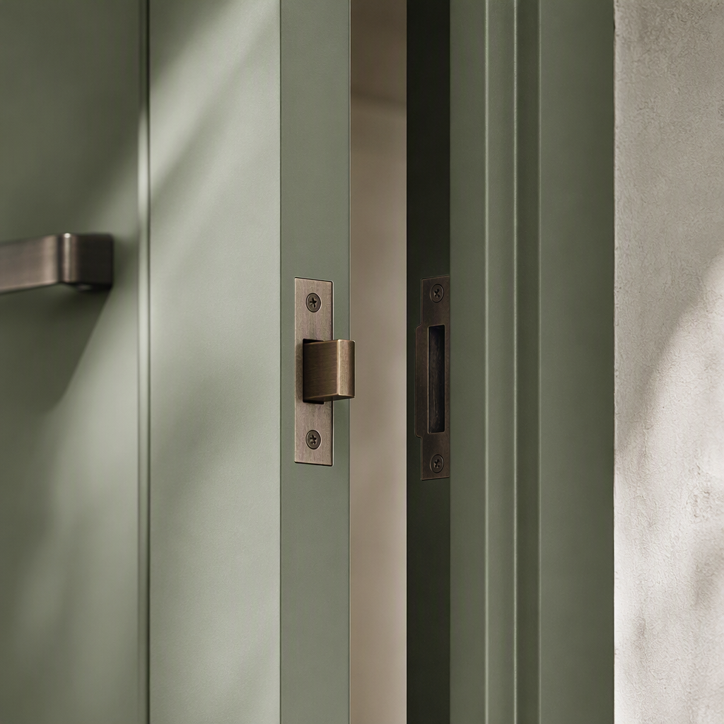 Detail of a door latch, strike plate and frame rebate