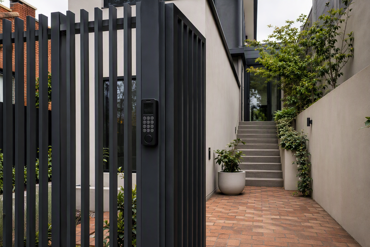Townhouse and apartment entry courtyard with gate and keypad