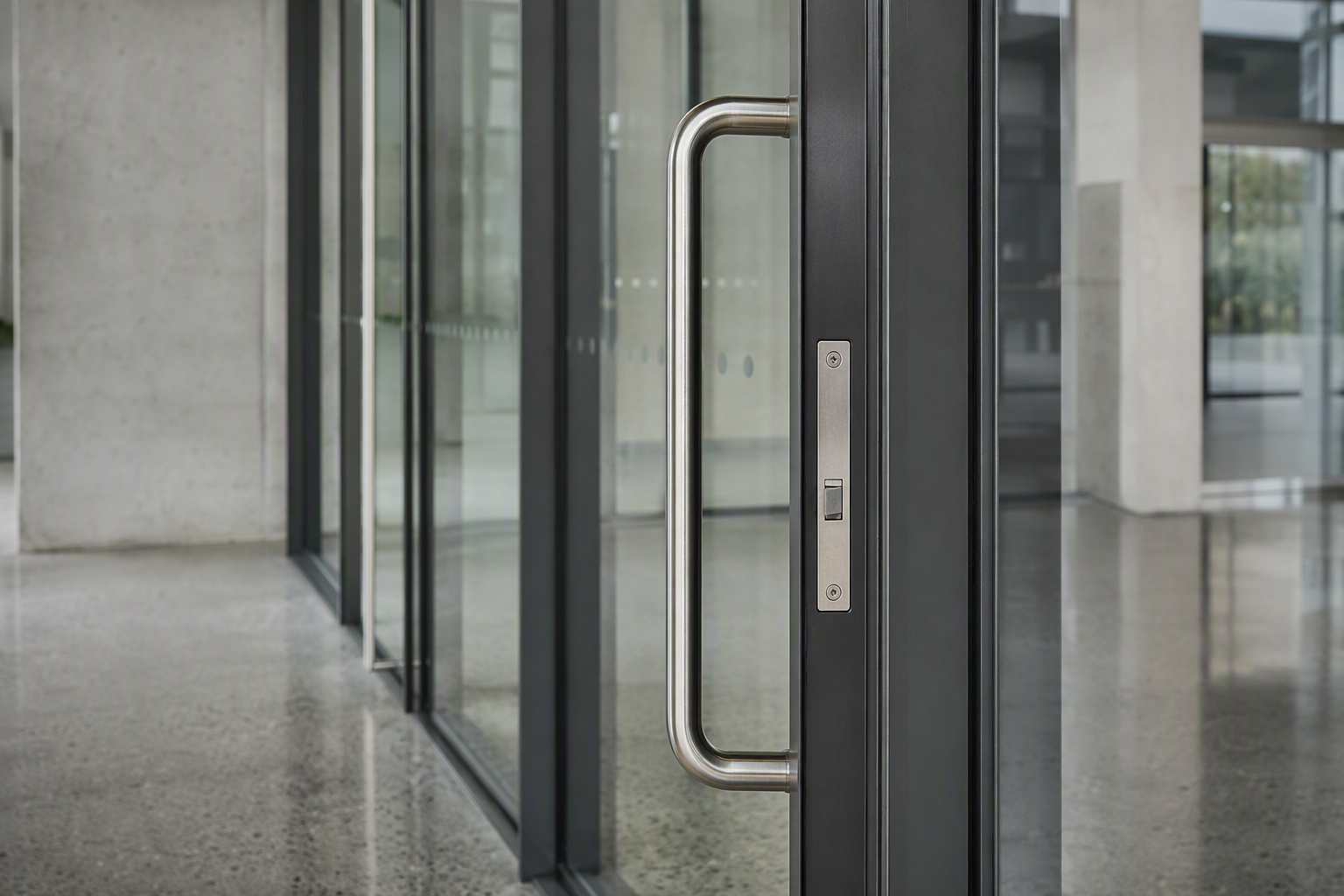 Commercial office glass entry door with an aluminium frame and stainless steel pull handle