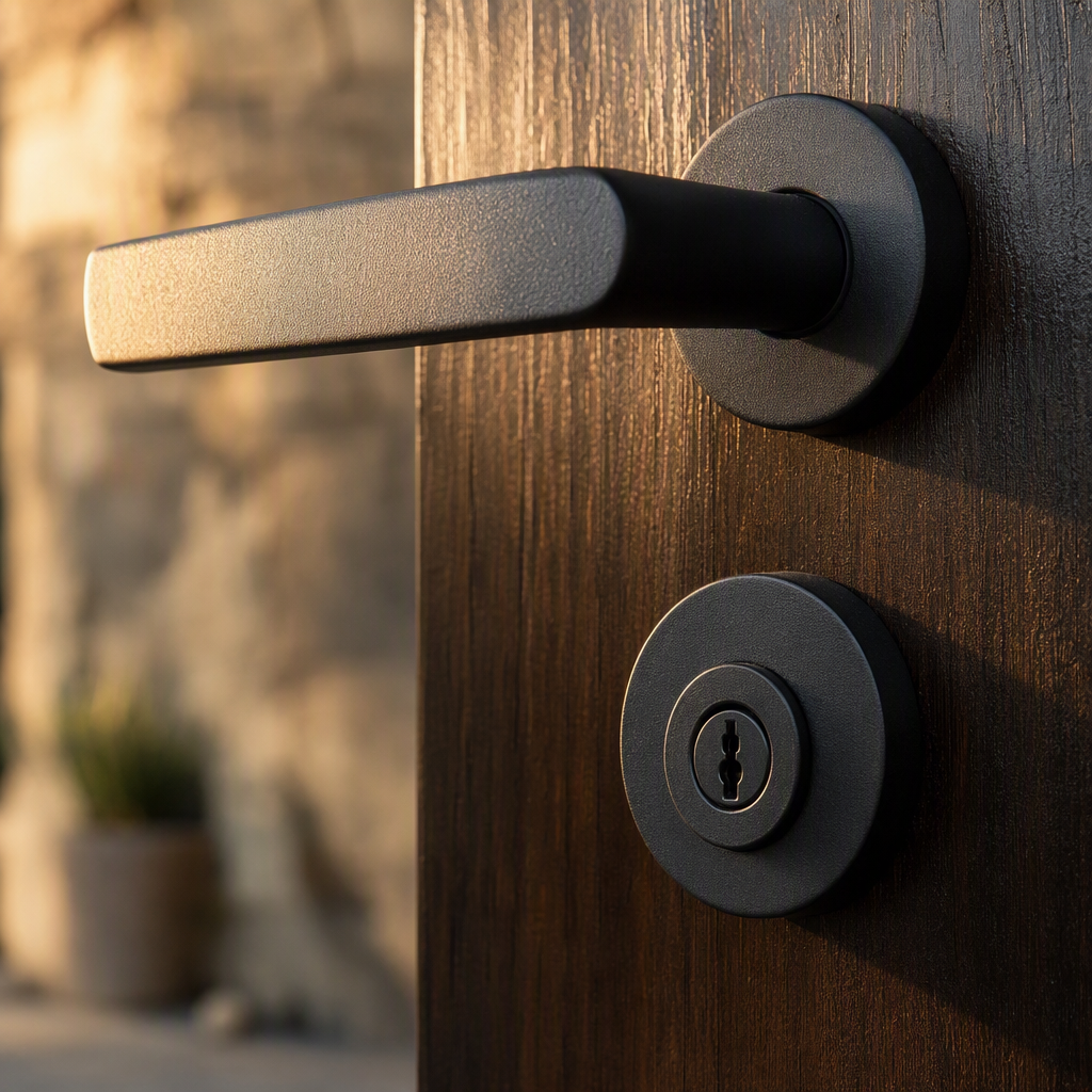 Close-up of a modern matte black lever handle and cylinder lock fitted to a timber front door