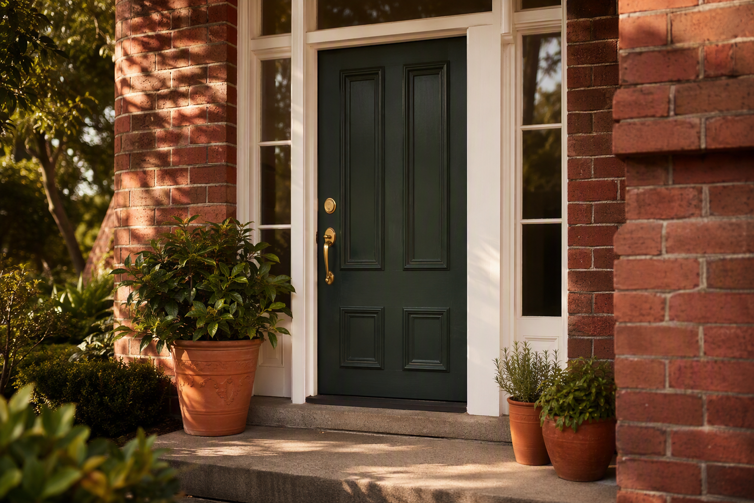 Front entrance of an established suburban home with a brushed brass deadbolt and handle
